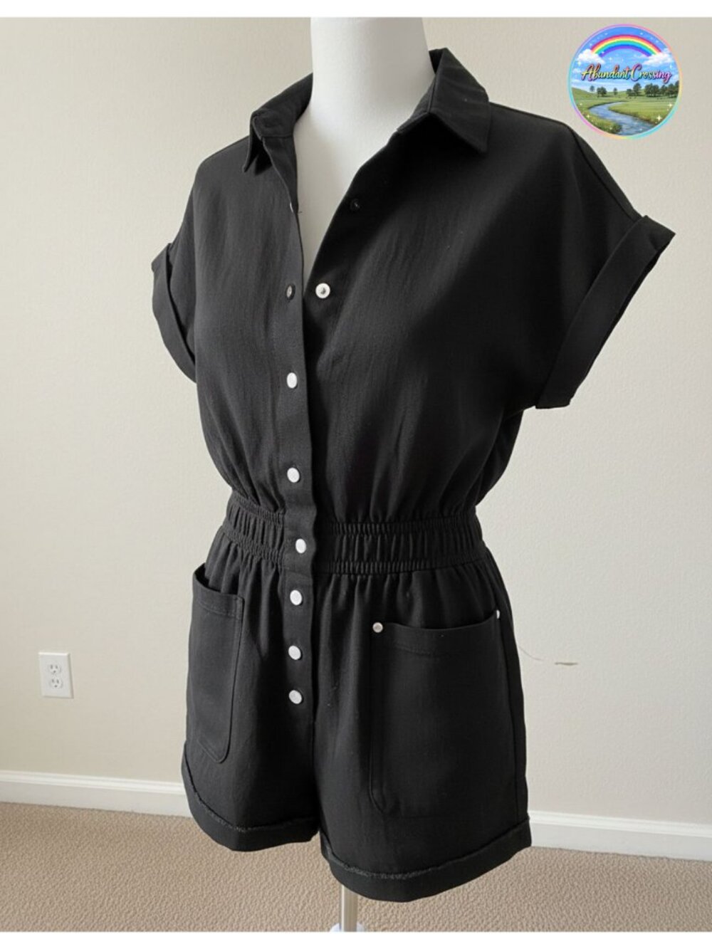 Utility Romper Short Cuffed Sleeve Elastic Waist Button Down Cotton Pocketed